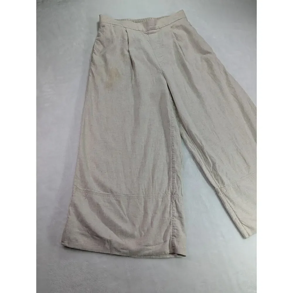 Banana Republic Womens Small Beige Linen Blend Wide Leg Cropped Elastic Pants